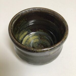 Studio Art Pottery Tea Bowl Sake Cup Handmade Green Glaze Brown Signed Vintage